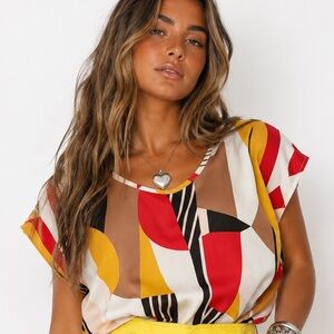 Abstract Geometric Blouse M Colorful Flowy Top Statement Print NWOT